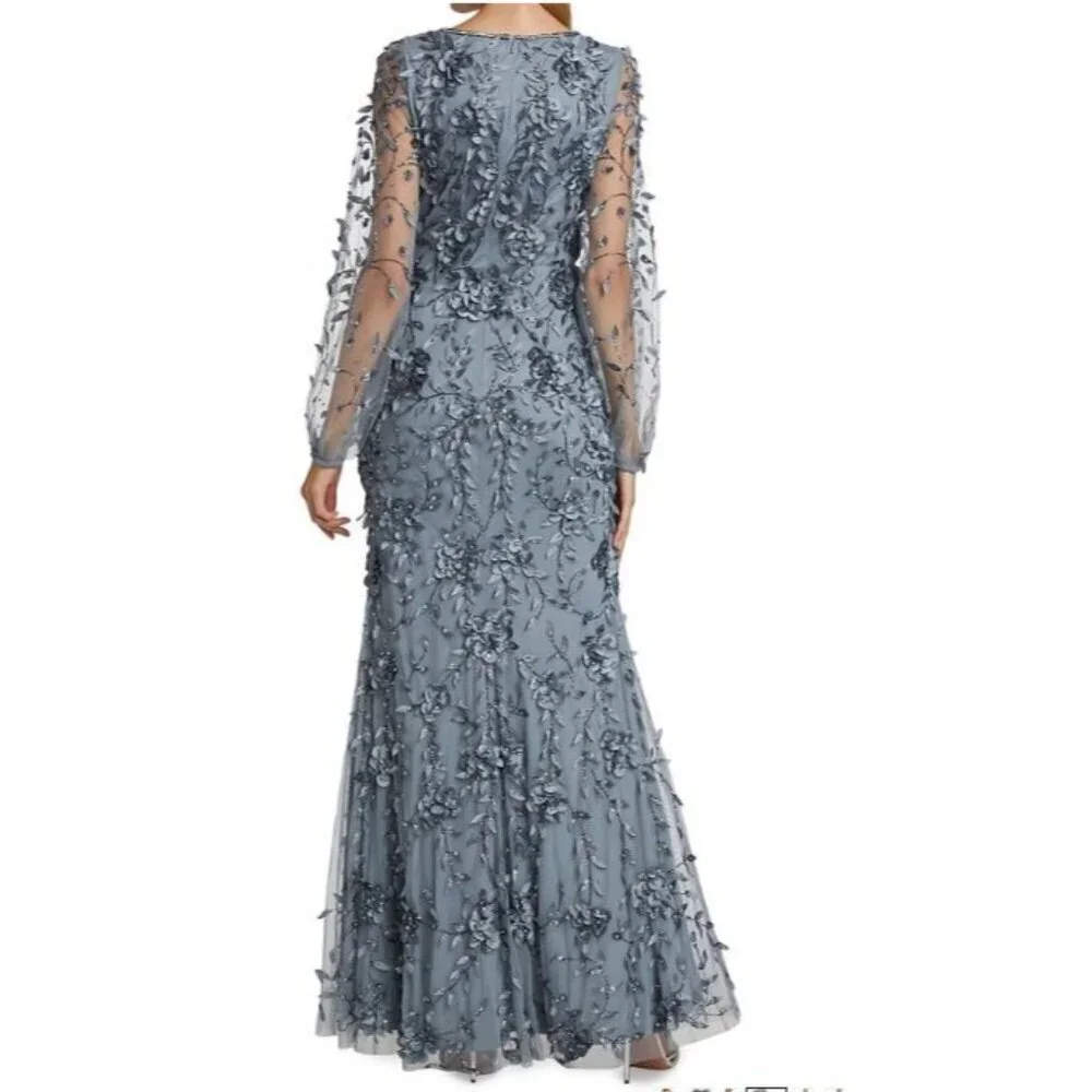 Theia $1295 Floral Mesh Long-Sleeve Gown Blue Formal Evening Dress Size 4 NWT - Picture 3 of 10